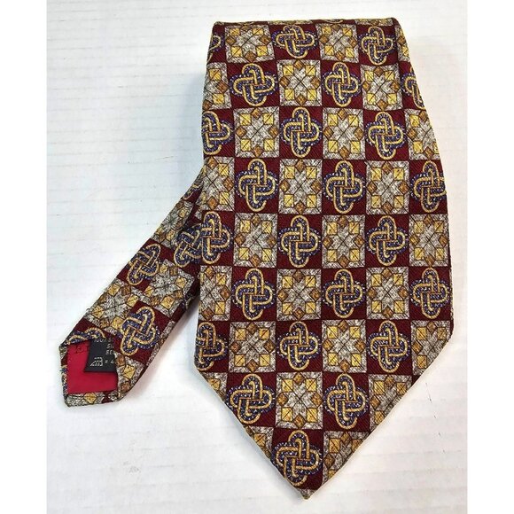 Ermenegildo Zegna Mens Silk Tie Burgundy Gold Blue Geometric Pattern 4" Wide - Picture 1 of 6